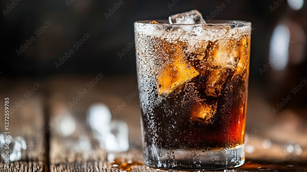 Poster refreshing cold drink with ice in a glass on wooden surface capturing the essence of summer relaxati