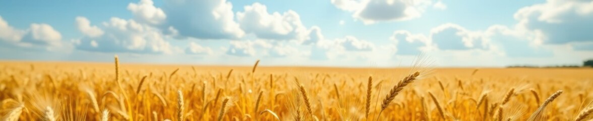 Naklejka premium A vast expanse of golden wheat swaying gently in the breeze under a cloudy sky, sky, natural