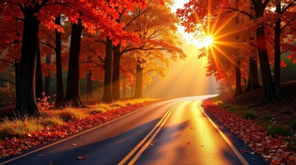 Autumnal Road Through a Golden Forest at Sunset, Bathed in Warm Sunlight and Scattered with Fallen Leaves