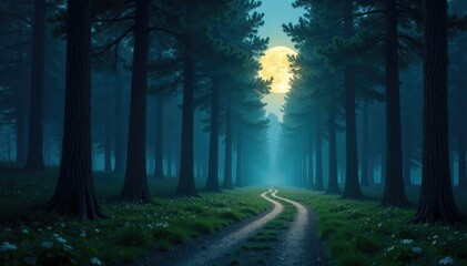 Fototapeta premium A winding path illuminated by soft moonlight amidst a sea of tall and slender trees, greenery, wild