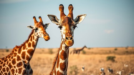Two Elegant Giraffes Grace The African Savanna Under A Bright Blue Sky

