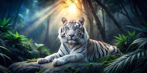 Rare White Bengal Tiger in Low Light, Stunning Amur Albino Wildlife Photo © Four888