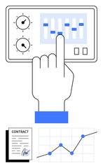 Hand adjusting sliders on control panel, signed contract, and rising graph. Ideal for business strategy, data management, analytics, growth planning, decision making, success or abstract line flat