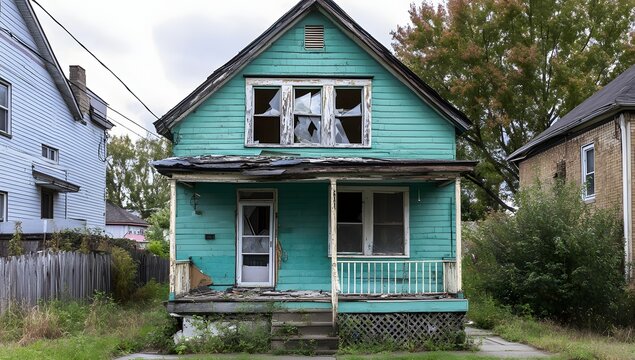 Abandoned teal house with broken windows on a city street, overgrown yard