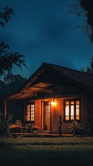 Warm-Lit Cottage at Night in Lush Greenery