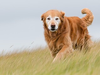 Obraz premium Golden retriever walking through tall grass on a cloudy day in a serene landscape