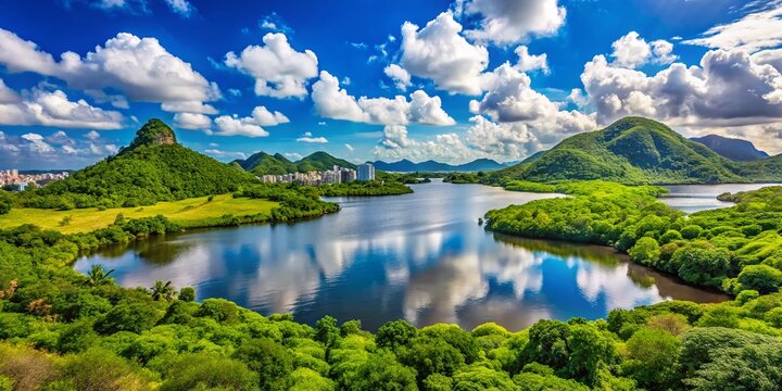Recreio dos Bandeirantes: Serene Green Sea, Blue Sky, White Clouds - Rio de Janeiro, Brazil Ecological Reserve