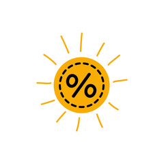 Bright sun symbol with percentage sign representing discounts and savings during a summer sale event