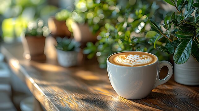 Latte art coffee cup on cafe counter, sunlight, plants