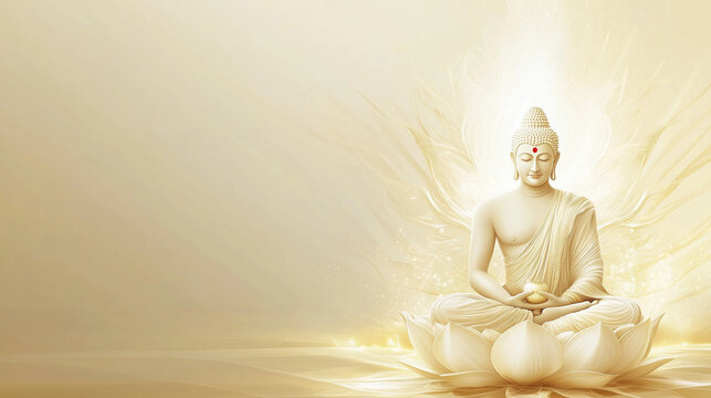 Elegant banner for Mahavir Jayanti with soft white to gold gradient background, illustration of Bhagwan Mahavira in meditation position sitting on lotus