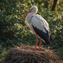 White Stork full size Close-up of a white stork with fluffy feathers ruffling in the nest at dusk Stork standing on its nest in a tree, surrounded by lush greenery for wildlife photography