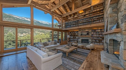 Fototapeta premium Mountain View Living Room With Extensive Book Collection