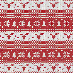 Holiday fair isle traditional knit christmas seamless pattern. Winter holiday sweater design with reindeer snowflakes. 