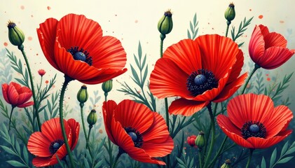 Obraz premium Continuous line poppy, elegant red accents, floral art, simple, graceful