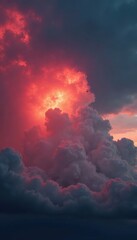 Crimson and grey clash, heavy clouds, intense light, weather, ominous