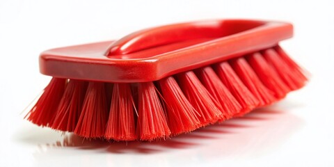 Red Plastic Iron-Shaped Cleaning Brush, Kitchen Utensil, Isolated White Background, Tilt-Shift Photography