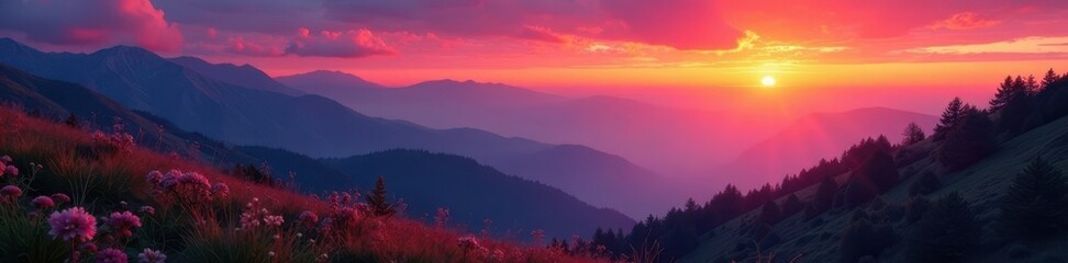 Obraz premium Crimson sunset paints vibrant hillside, misty mountains , nature photography, mist, earth tones