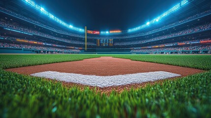 Night baseball stadium, pitcher's mound view.