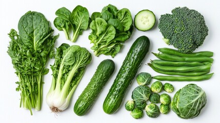 A vibrant array of fresh vegetables—spinach, broccoli, brussel sprouts, and cucumbers—is beautifully displayed on a light surface, celebrating nature's colors and textures for healthy eating
