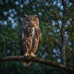 Naklejka premium Focus on an owl staring intensely from a branch. A wise owl perched on a twisted tree branch, surrounded by fireflies in a dark forest. owl sitting on a branch in the woods.a owl that is sitting on a 