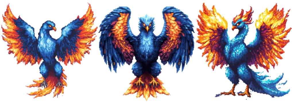 8 bit Pixel Art Blue Phoenix with Fiery Wings – Glowing Mythical Firebird in 8-bit Fantasy Style, Isolated on Transparent Background