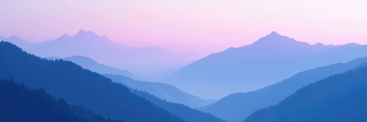 Naklejka premium Ethereal blue purple and white gradient misty mountains, landscape, scenery
