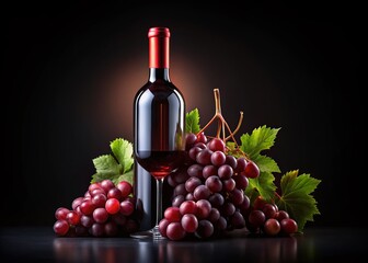 Red Wine Bottle & Grapes Night Photography - Isolated Stock Image
