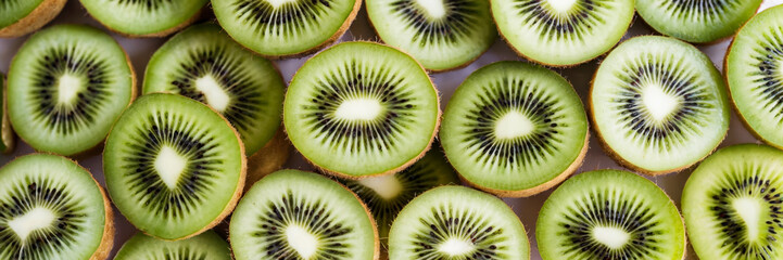 Vibrant green kiwi slices pattern, black seed details, overhead fruit arrangement, long banner