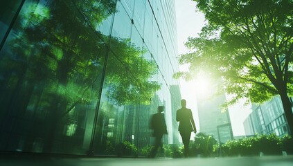 Obraz premium Urban Greenery: Person Walks Past Green Building Reflecting Trees, Promoting Sustainable City Life