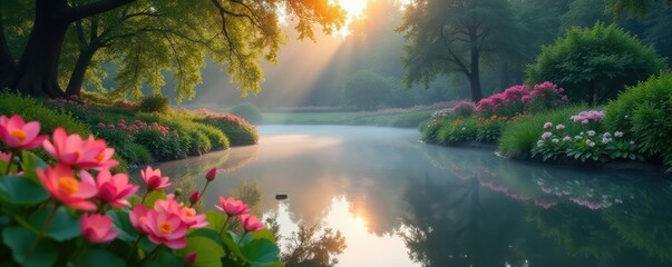 Evening mist rises over tranquil garden pond with blooming flowers, flowers, blooming