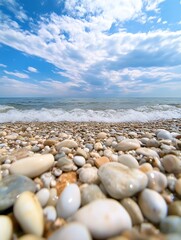 Serenity at the Shore with Pebbles and Gentle Waves on a Bright Day : Generative AI