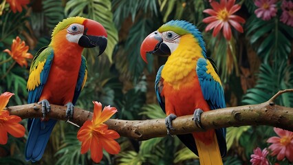 Vibrant Parrots Perched on Branch