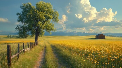 Obraz premium Rural path, wildflowers, cabin, mountains, sunset, idyllic scene