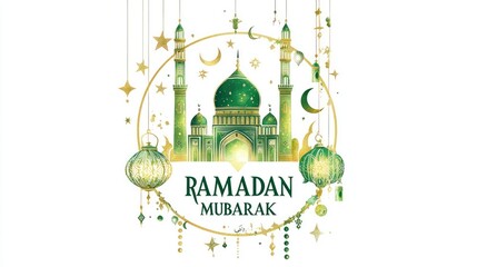 Festive Ramadan Mubarak greeting card with mosque, crescent moon, and lanterns.