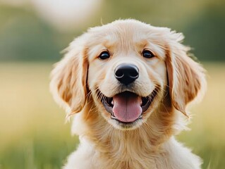 Obraz premium Happy golden retriever puppy smiling in a sunny green field with blurred background