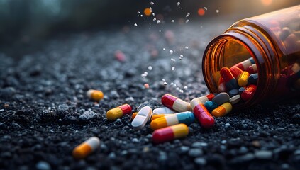 Scattered pills from overturned bottle on dark road