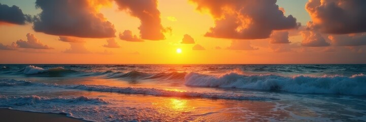 Obraz premium Golden sunset hues paint sky, calm wave laps shore, nature, beach