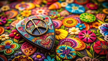 Fototapeta premium Retro 1960s Festival Peace Sign, Musical Instrument, Flower Power, Psychedelic Vibe, Vintage Woodstock Era Stock Photo