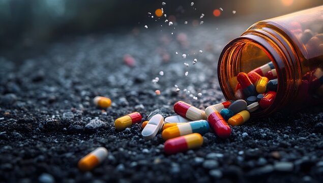 Scattered pills from overturned bottle on dark road