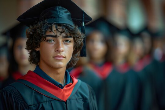 A teenage boy wearing a gown and cap at his graduation ceremony, with his fellow students in the background. Education.

