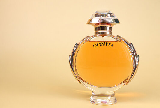 Bangkok, Thailand - March 28, 2024 : Close up of Olympea Paco Rabanne perfume by Francisco Paco Rabaneda Cuervo on the table. Olymp&eacute;a was launched in 2015.