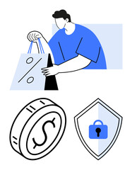 Hand holding shopping bag with discount sign, coin symbolizing money, and shield with lock for security. Ideal for e-commerce, discounts, payments, finance, security retail savings. Abstract line