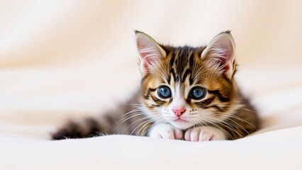 Adorable Kitten with Bright Blue Eyes Resting on Soft Blanket