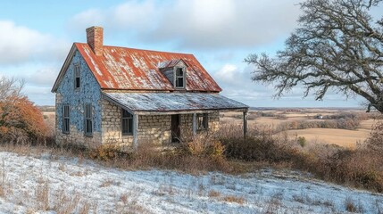 Obraz premium Rustic stone house, winter landscape, hilltop view, abandoned