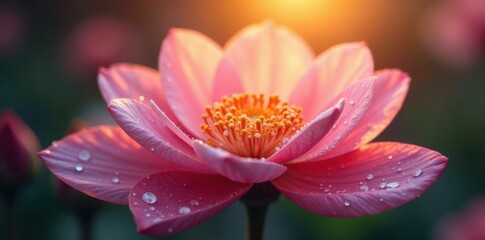 Fototapeta premium Lacelike petals, glistening beads, dawn's embrace , morning, bright