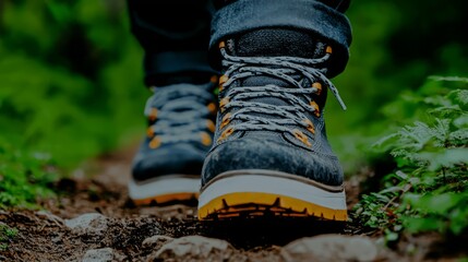 Hiking boots on a rocky trail surrounded by lush greenery and nature