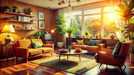 Fototapeta premium Retro Living Room Bokeh, Vintage Apartment Interior, 70s Decor, Cozy Home, Soft Focus Photography