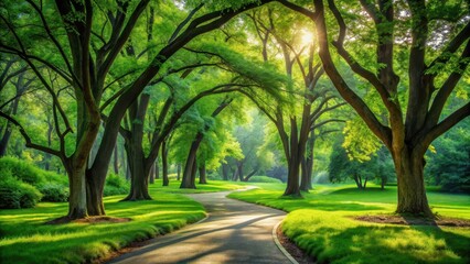 Fototapeta premium Serene Pathway Winding Through a Lush Green Canopy of Majestic Trees on a Sunny Day