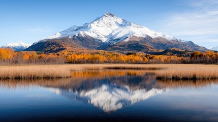 Fototapeta premium Snow-capped mountain reflected in autumn lake