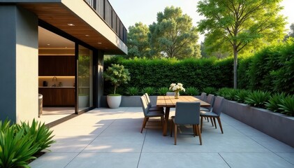 Fototapeta premium Modern concrete paver patio with sleek dining furniture, outdoor, clean, shadow